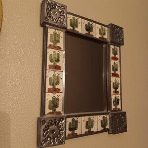 Vintage Talavera Ceramic Mexican Tiled Cactus Mirror